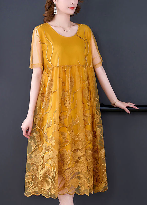 Boho Yellow Embroideried Hollow Out Tulle Dress Summer - Image 3