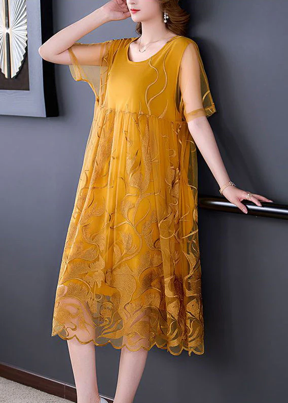 Boho Yellow Embroideried Hollow Out Tulle Dress Summer - Image 4