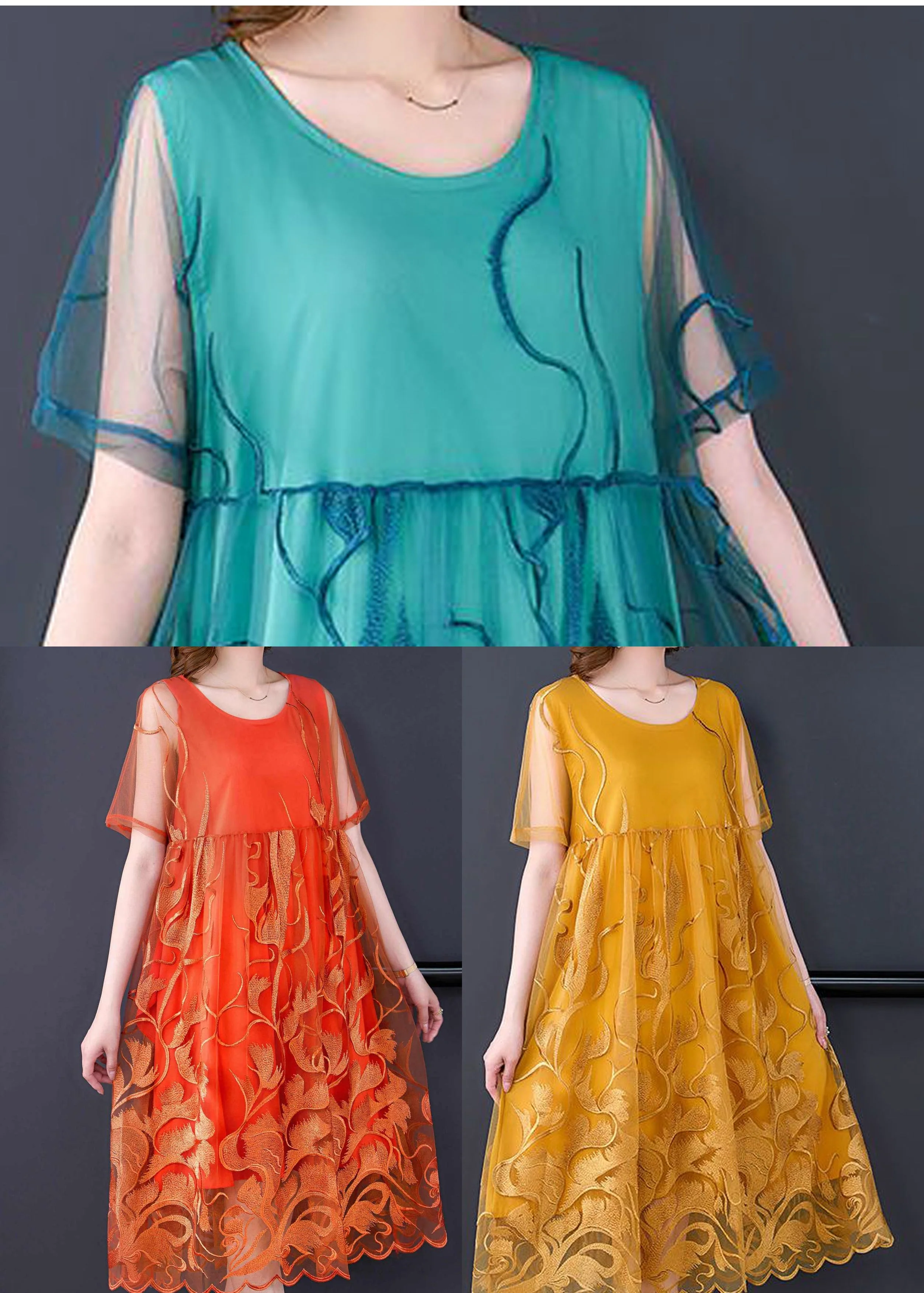 Boho Yellow Embroideried Hollow Out Tulle Dress Summer - Image 5