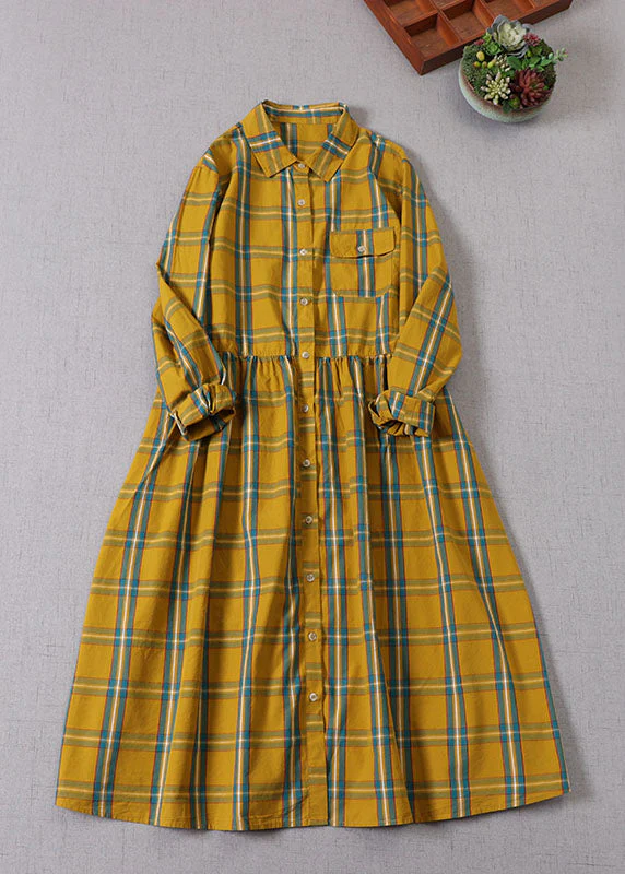 Boho Yellow Green Plaid Peter Pan Collar Button Cotton Holiday Dress Long Sleeve - Image 2