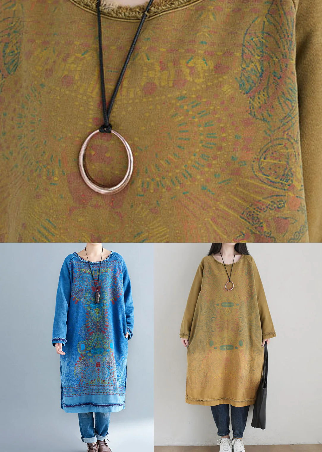 Boho Yellow O Neck Print Side Open Cotton Mid Dress Spring - Image 5