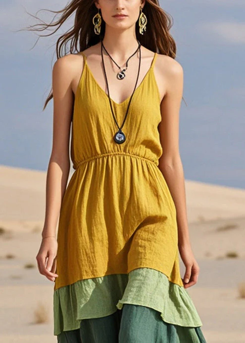 Boho Yellow Patchwork Cotton Cami Dresses Summer - Image 2
