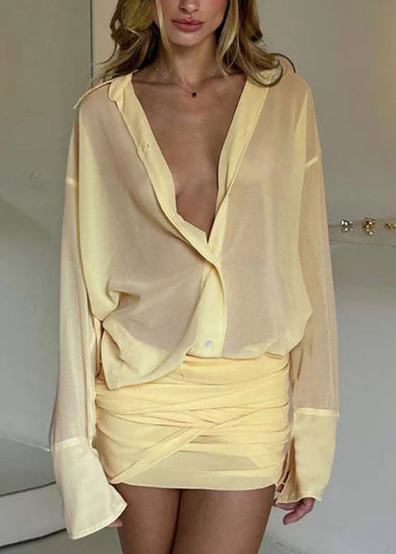 Boho Yellow Peter Pan Collar Patchwork Tunic Mid Shirts Dress Spring - Image 5