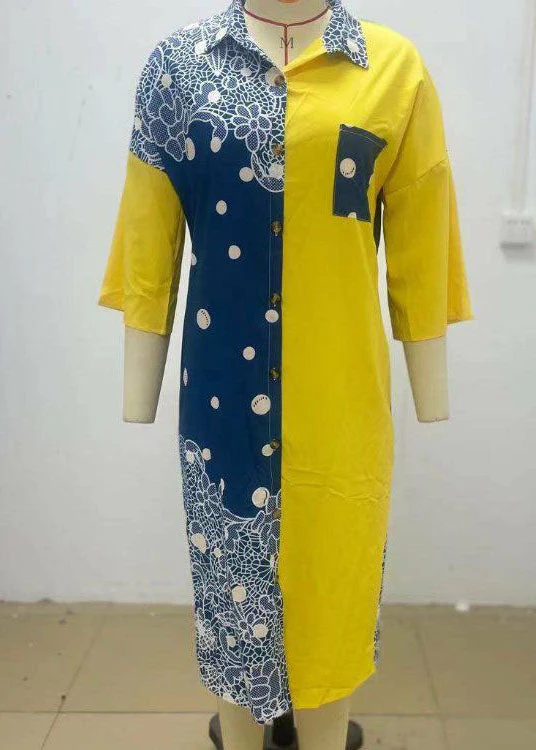 Boho Yellow Print Button Chiffon Shirts Dresses Spring - Image 3