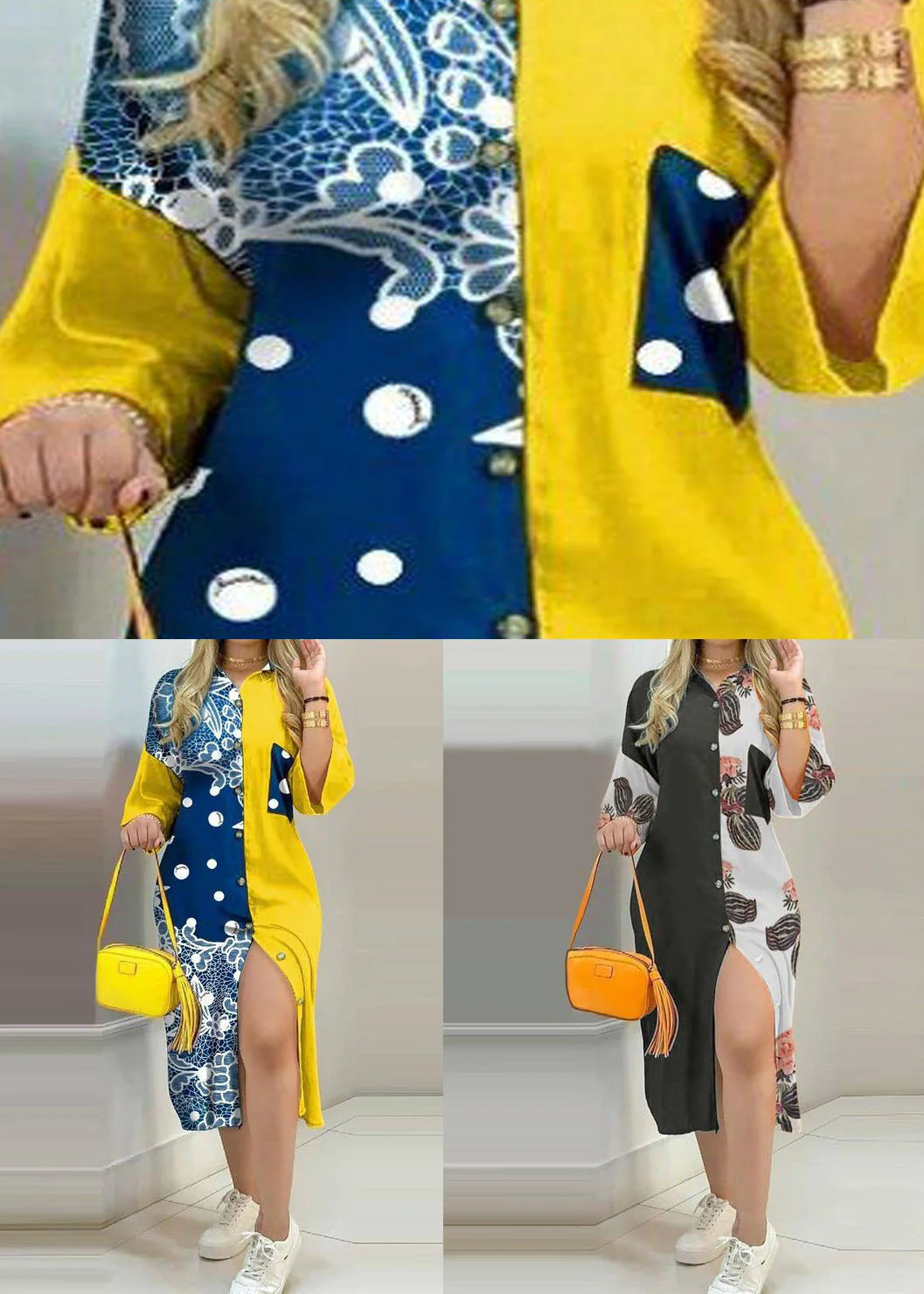 Boho Yellow Print Button Chiffon Shirts Dresses Spring - Image 4