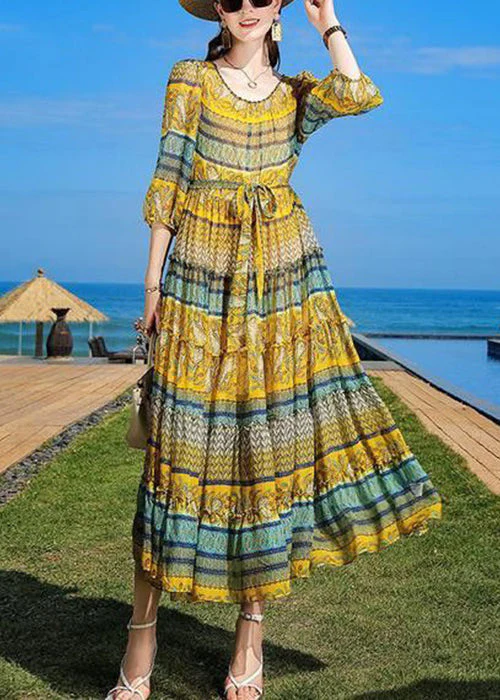 Boho Yellow Print Ruffled Tie Waist Chiffon Dress Half Sleeve - Image 2