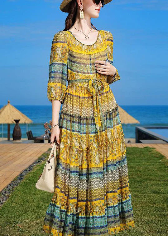 Boho Yellow Print Ruffled Tie Waist Chiffon Dress Half Sleeve - Image 3