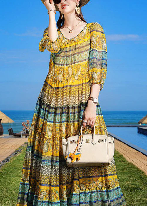 Boho Yellow Print Ruffled Tie Waist Chiffon Dress Half Sleeve - Image 4