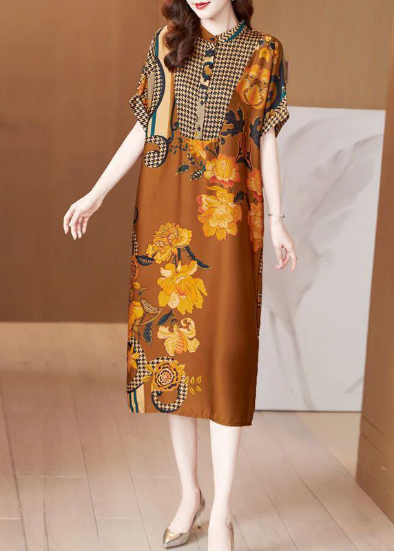 Boho Yellow Stand Collar Patchwork Print Silk Long Dresses Summer - Image 2