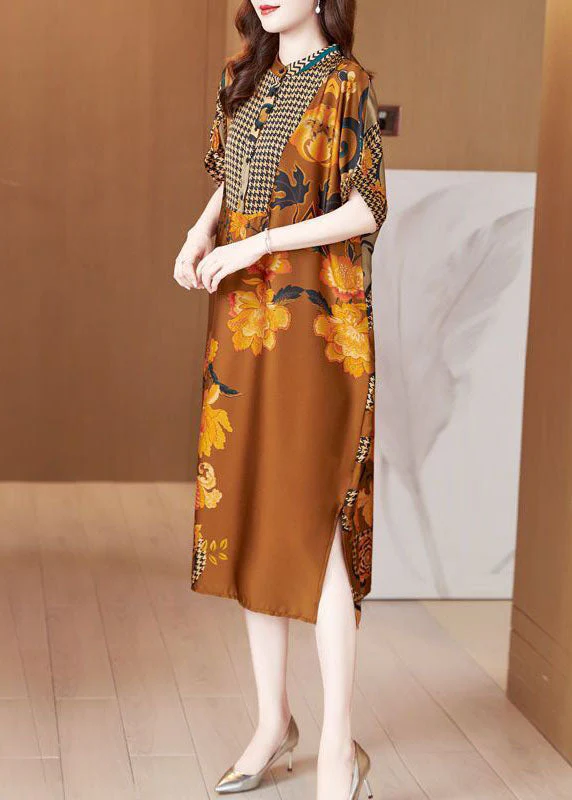 Boho Yellow Stand Collar Patchwork Print Silk Long Dresses Summer - Image 3