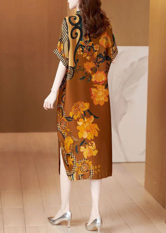 Boho Yellow Stand Collar Patchwork Print Silk Long Dresses Summer - Image 4