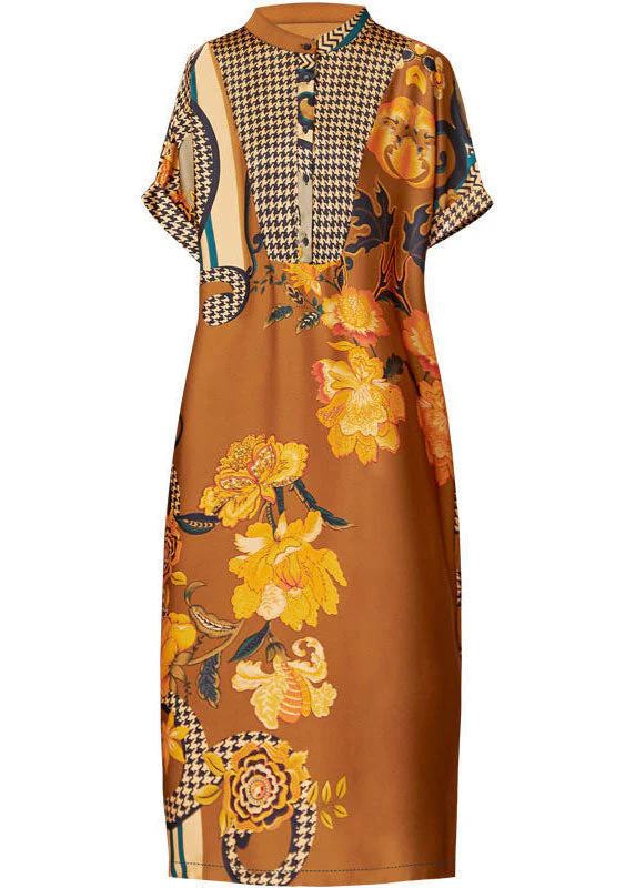 Boho Yellow Stand Collar Patchwork Print Silk Long Dresses Summer - Image 5
