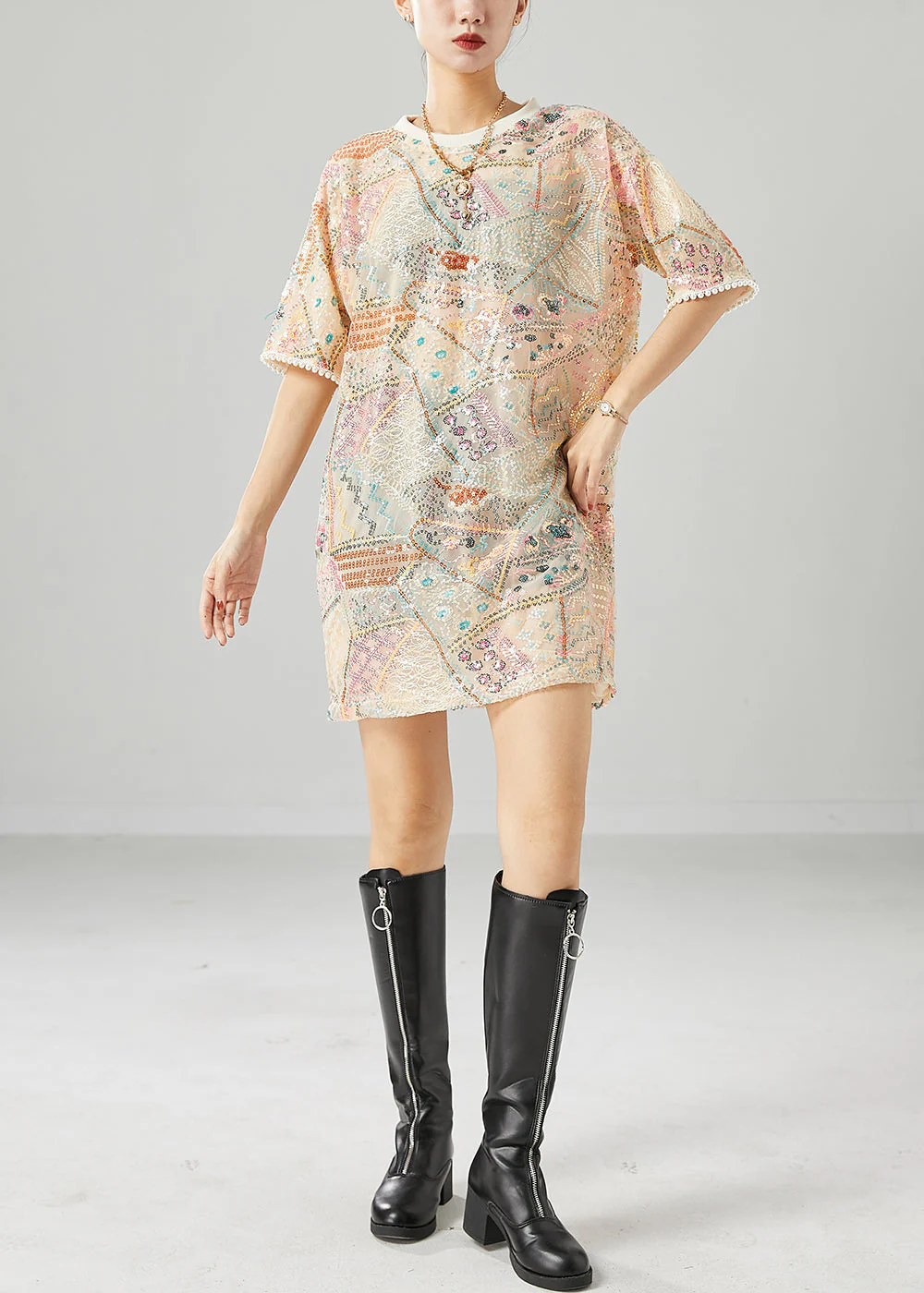 Boutique Apricot Embroideried Sequins Cotton Holiday Dress Summer - Image 3