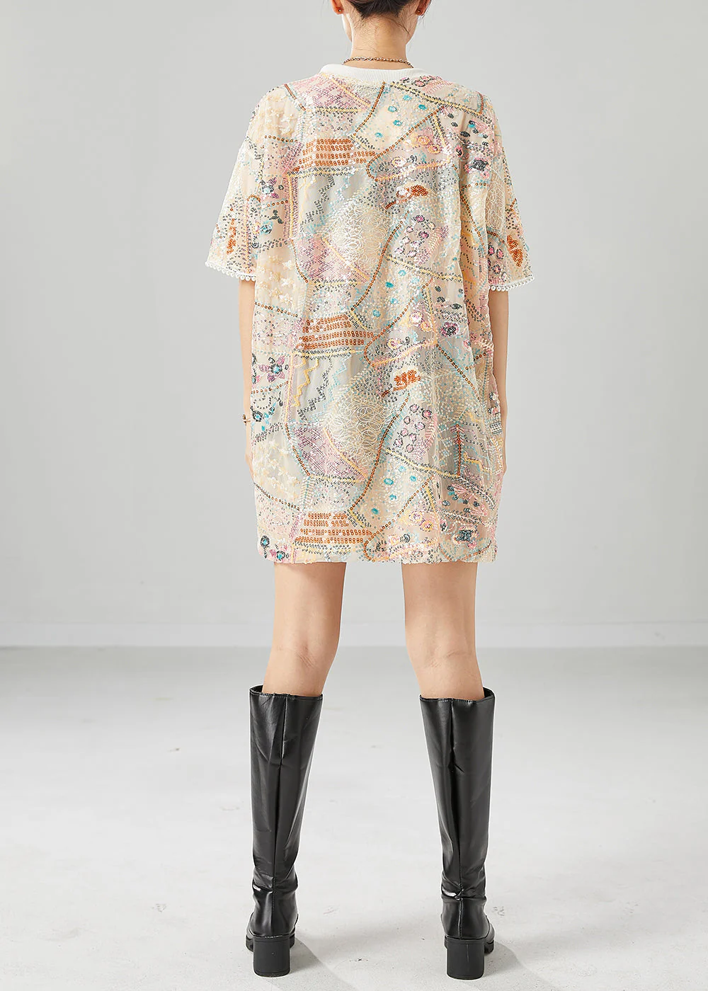 Boutique Apricot Embroideried Sequins Cotton Holiday Dress Summer - Image 4
