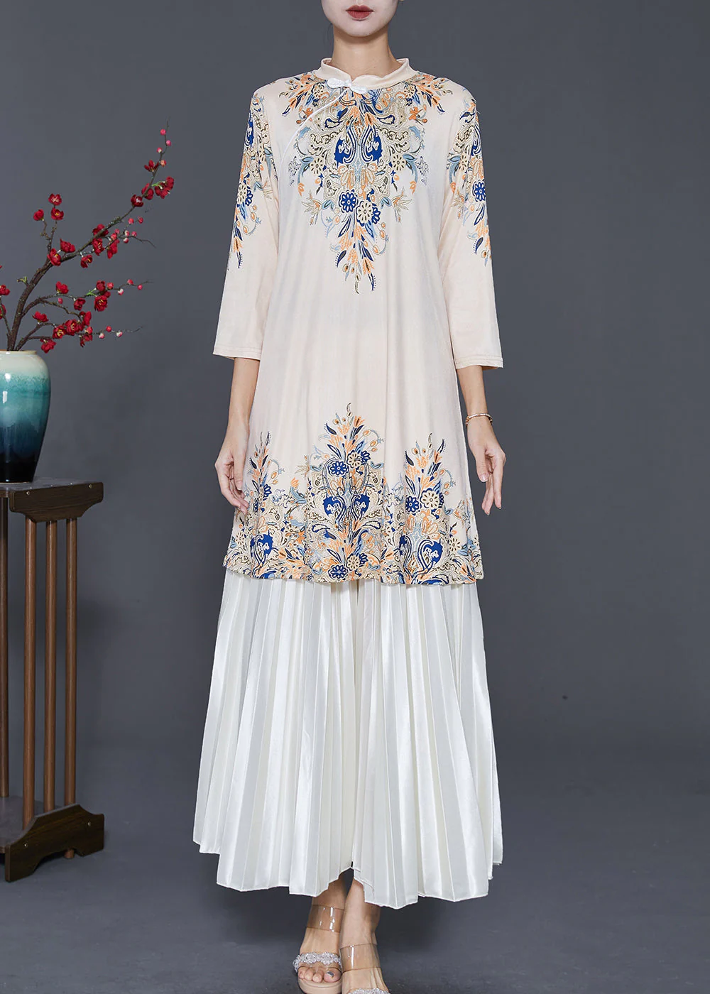 Boutique Apricot Mandarin Collar Print Silk Dress And Pleated Skirt Two Pieces Set Spring - Image 2