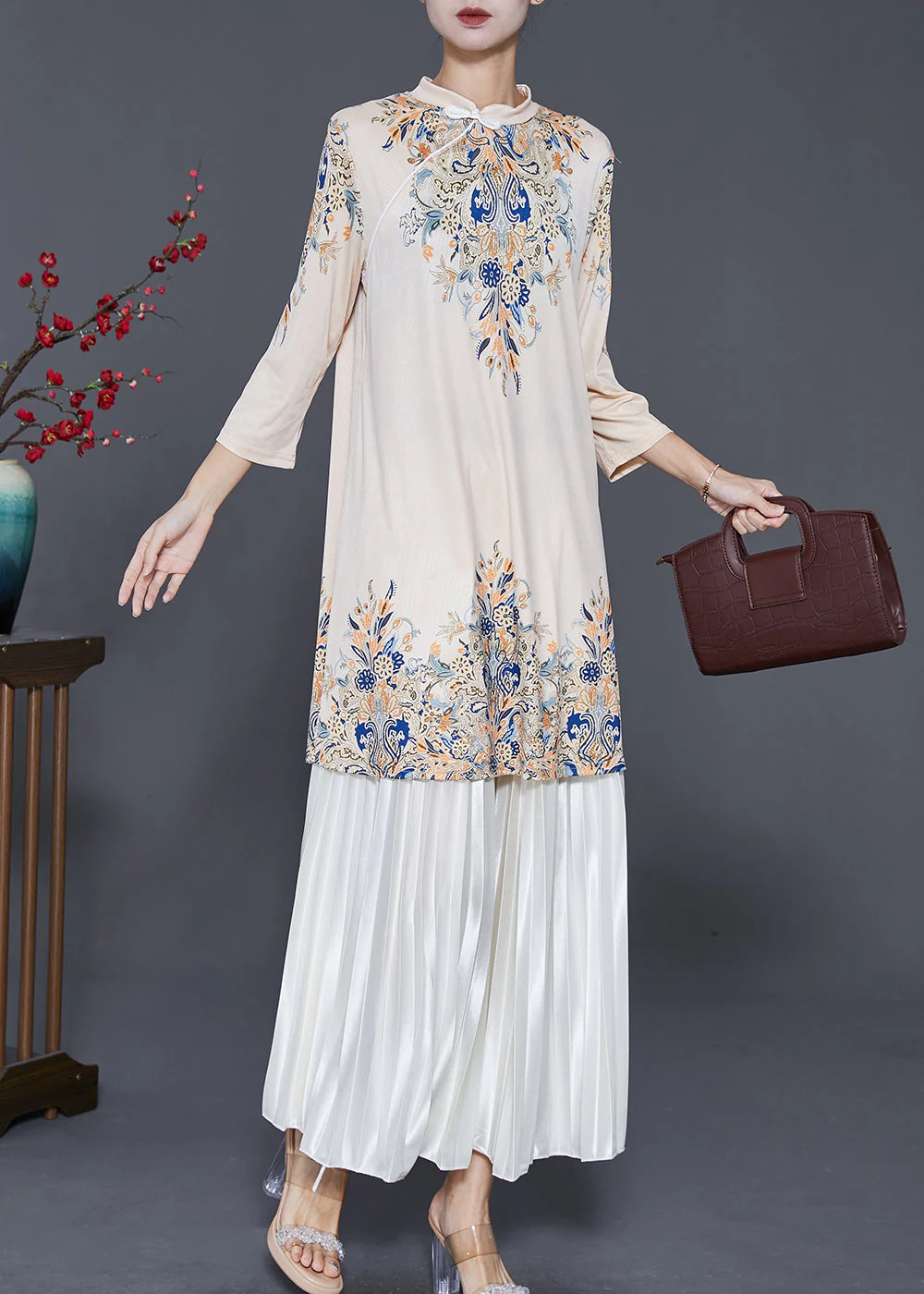 Boutique Apricot Mandarin Collar Print Silk Dress And Pleated Skirt Two Pieces Set Spring - Image 3