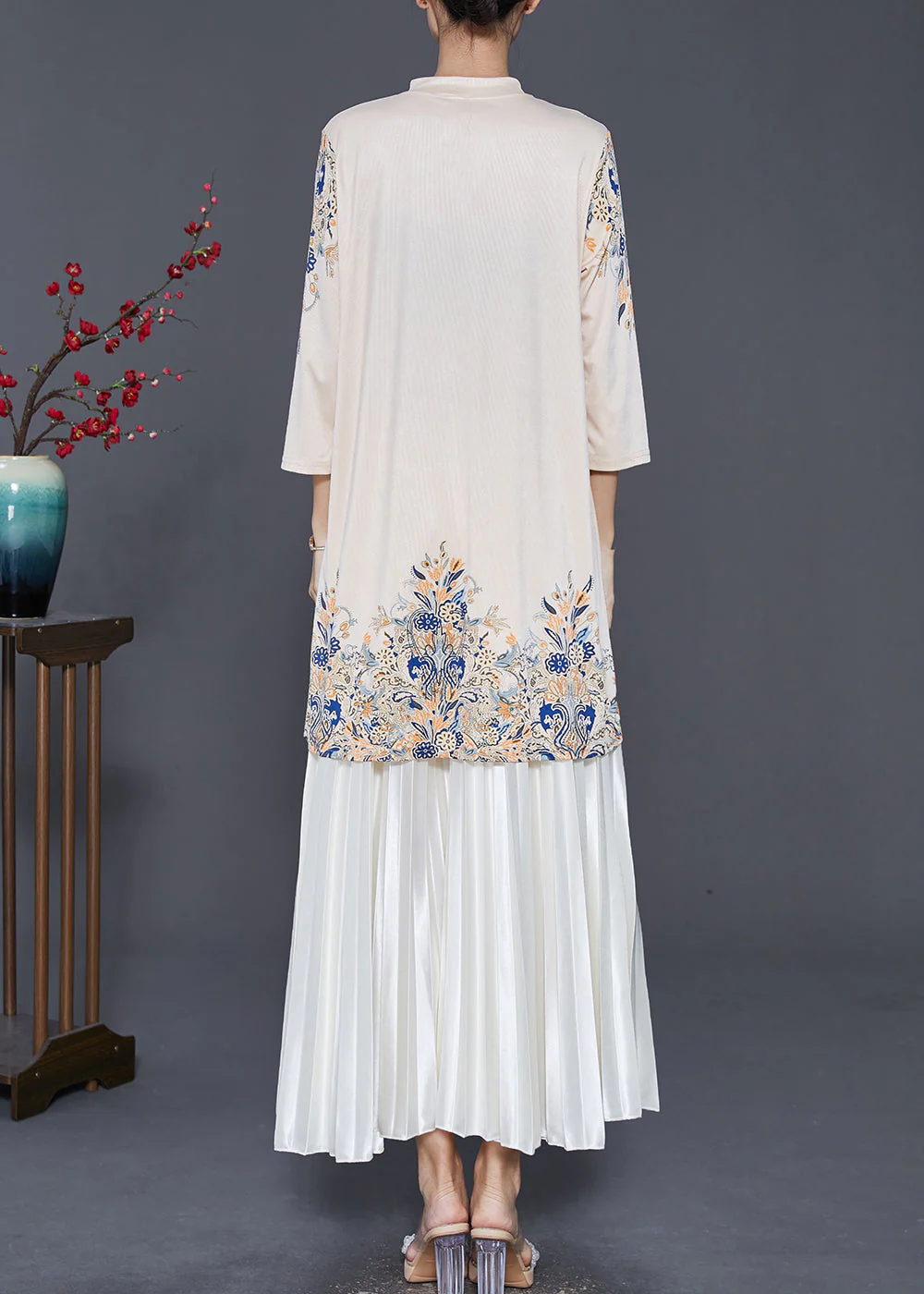 Boutique Apricot Mandarin Collar Print Silk Dress And Pleated Skirt Two Pieces Set Spring - Image 4