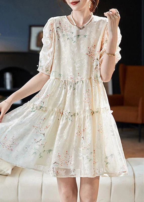 Boutique Apricot O-Neck Print Silk Mid Dress Summer - Image 2