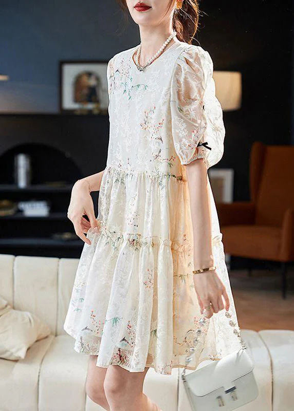 Boutique Apricot O-Neck Print Silk Mid Dress Summer - Image 3