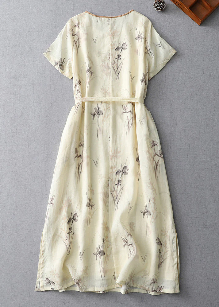 Boutique Apricot O-Neck Print Tie Waist Cotton Dress Summer - Image 2