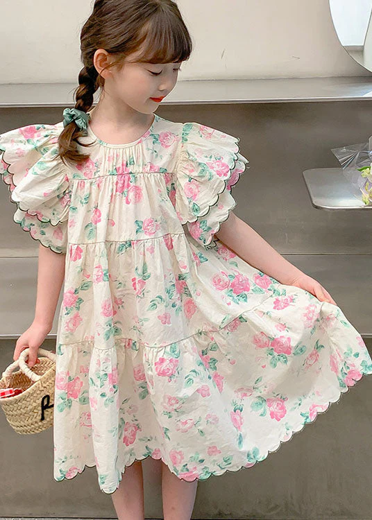 Boutique Apricot Print Patchwork Cotton Kids Girls Dresses Butterfly Sleeve - Image 2