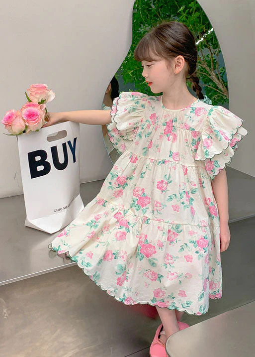 Boutique Apricot Print Patchwork Cotton Kids Girls Dresses Butterfly Sleeve - Image 3