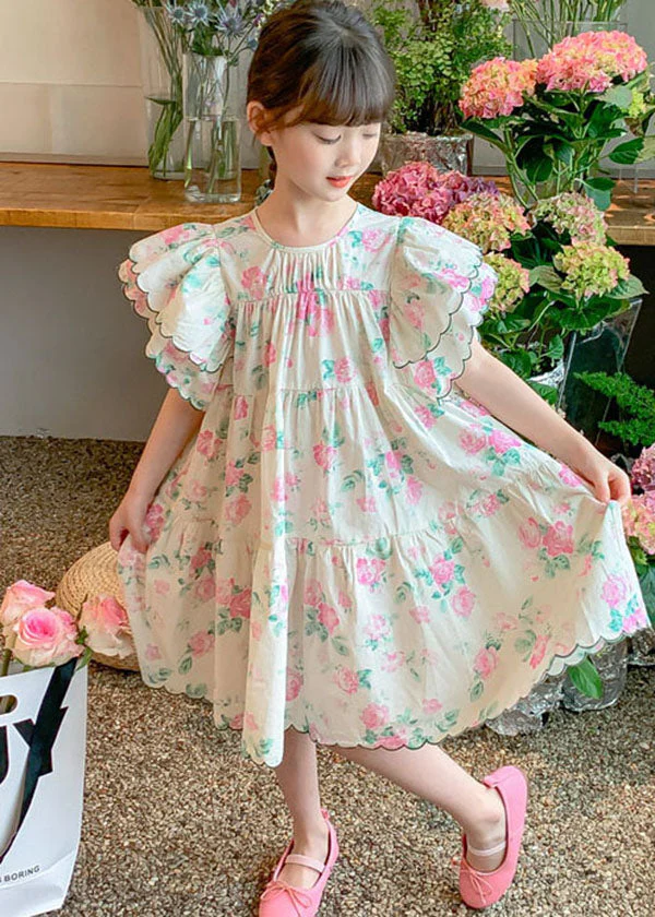 Boutique Apricot Print Patchwork Cotton Kids Girls Dresses Butterfly Sleeve - Image 4