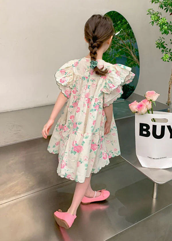 Boutique Apricot Print Patchwork Cotton Kids Girls Dresses Butterfly Sleeve - Image 5