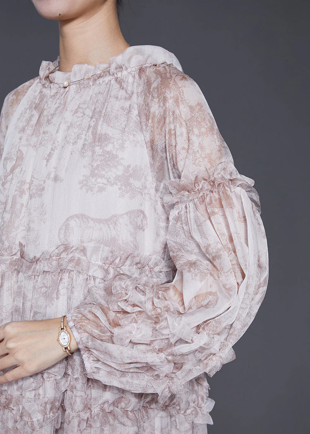 Boutique Apricot Ruffled Tie Dye Chiffon Ankle Dress Spring - Image 3