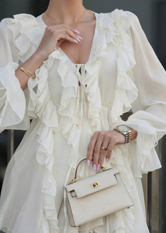 Boutique Apricot V Neck Ruffled Lace Up Chiffon Mini Dress Spring - Image 5