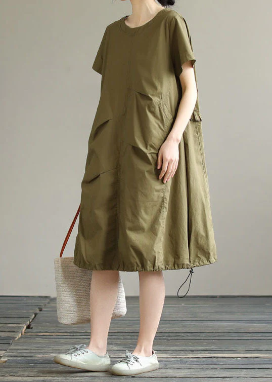 Boutique Army Green O Neck Ruffled Patchwork Cotton Dress Summer - Image 4