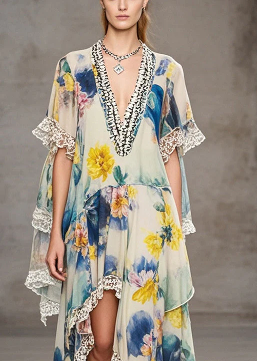 Boutique Asymmetrical Lace Patchwork Print Chiffon Dresses Summer - Image 2