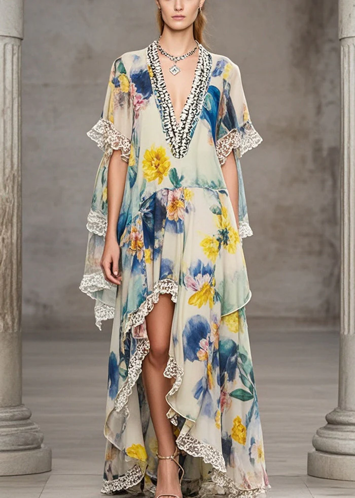 Boutique Asymmetrical Lace Patchwork Print Chiffon Dresses Summer - Image 5
