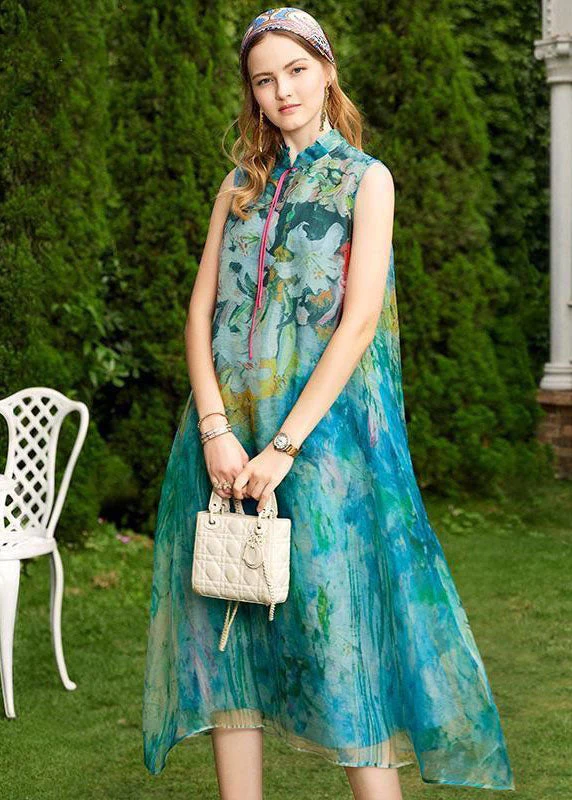 Boutique Baby Blue Stand Collar Tasseled Print Silk Dresses Sleeveless - Image 2
