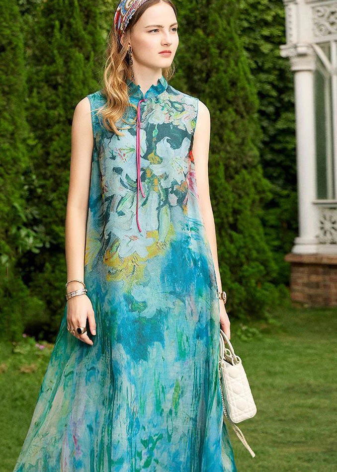 Boutique Baby Blue Stand Collar Tasseled Print Silk Dresses Sleeveless - Image 3
