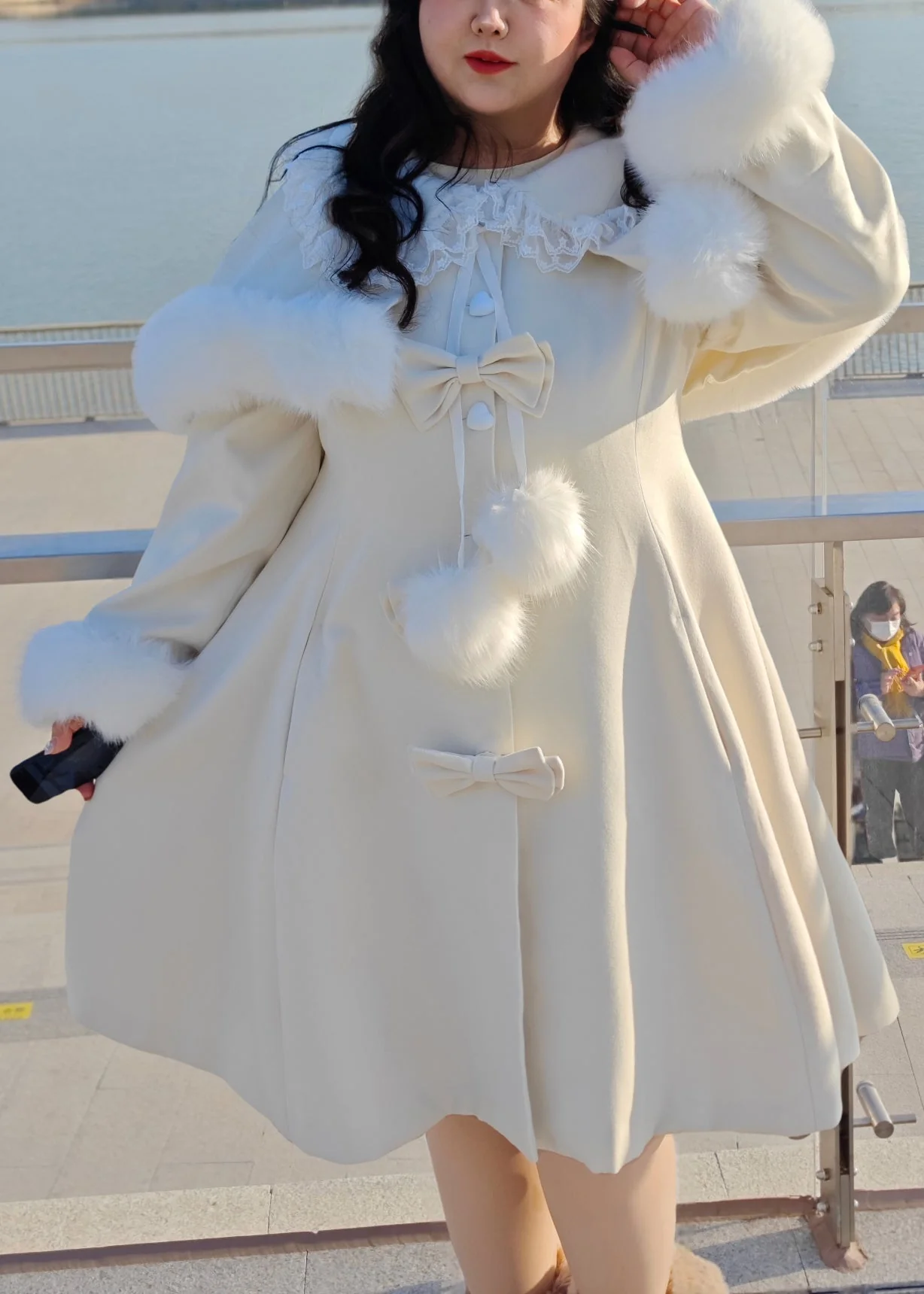 Boutique Beige Bow Cape And Long Coats Woolen Two Pieces Set Winter - Image 3
