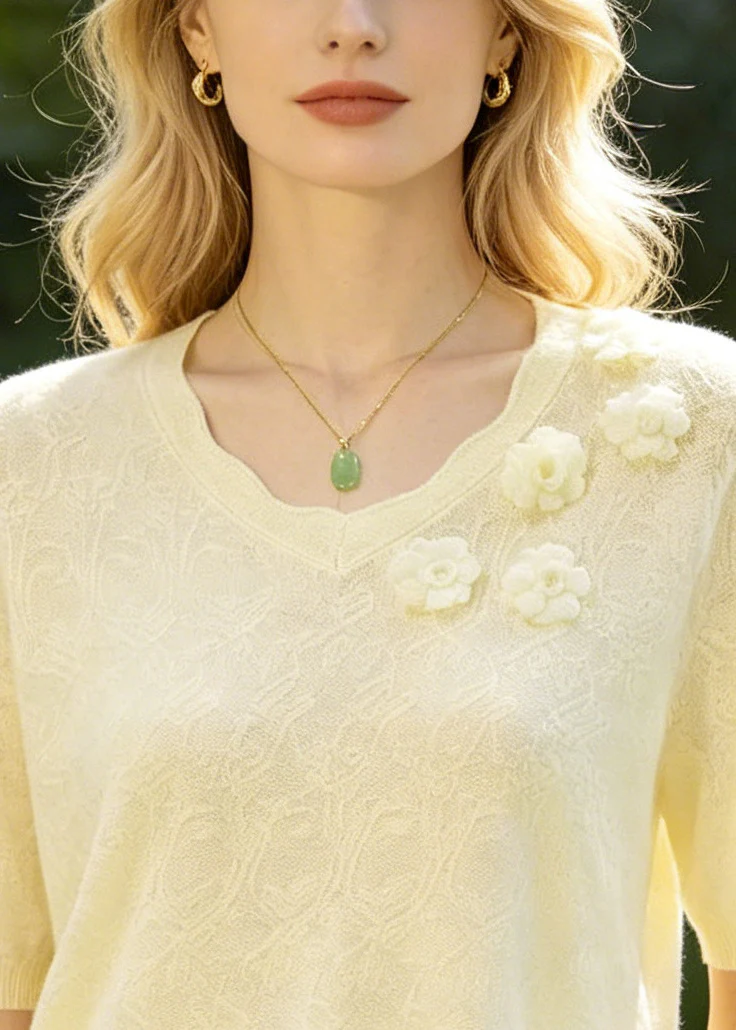 Boutique Beige Jacquard Handmade Floral Knit Shirt Top Summer - Image 2