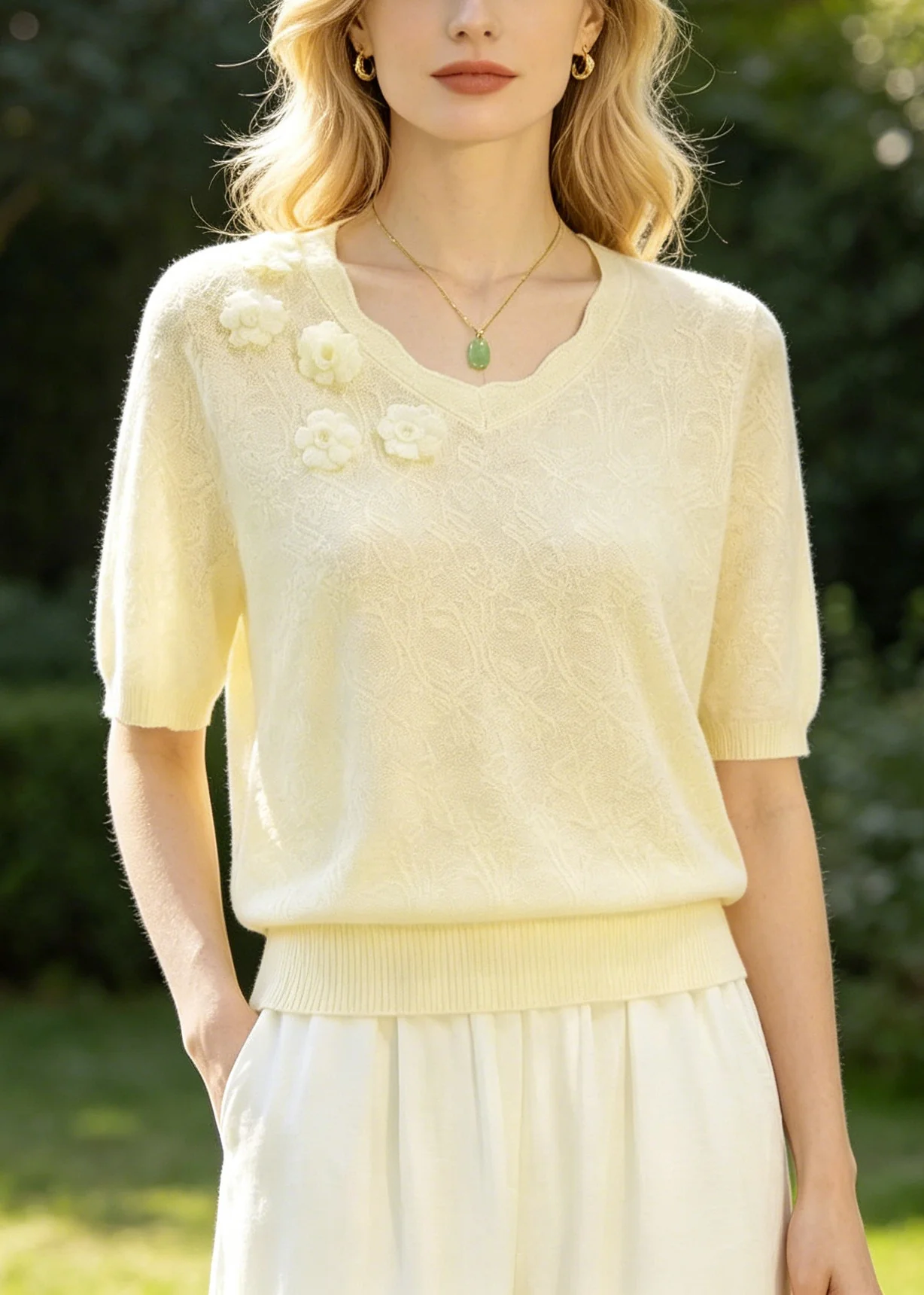 Boutique Beige Jacquard Handmade Floral Knit Shirt Top Summer - Image 3