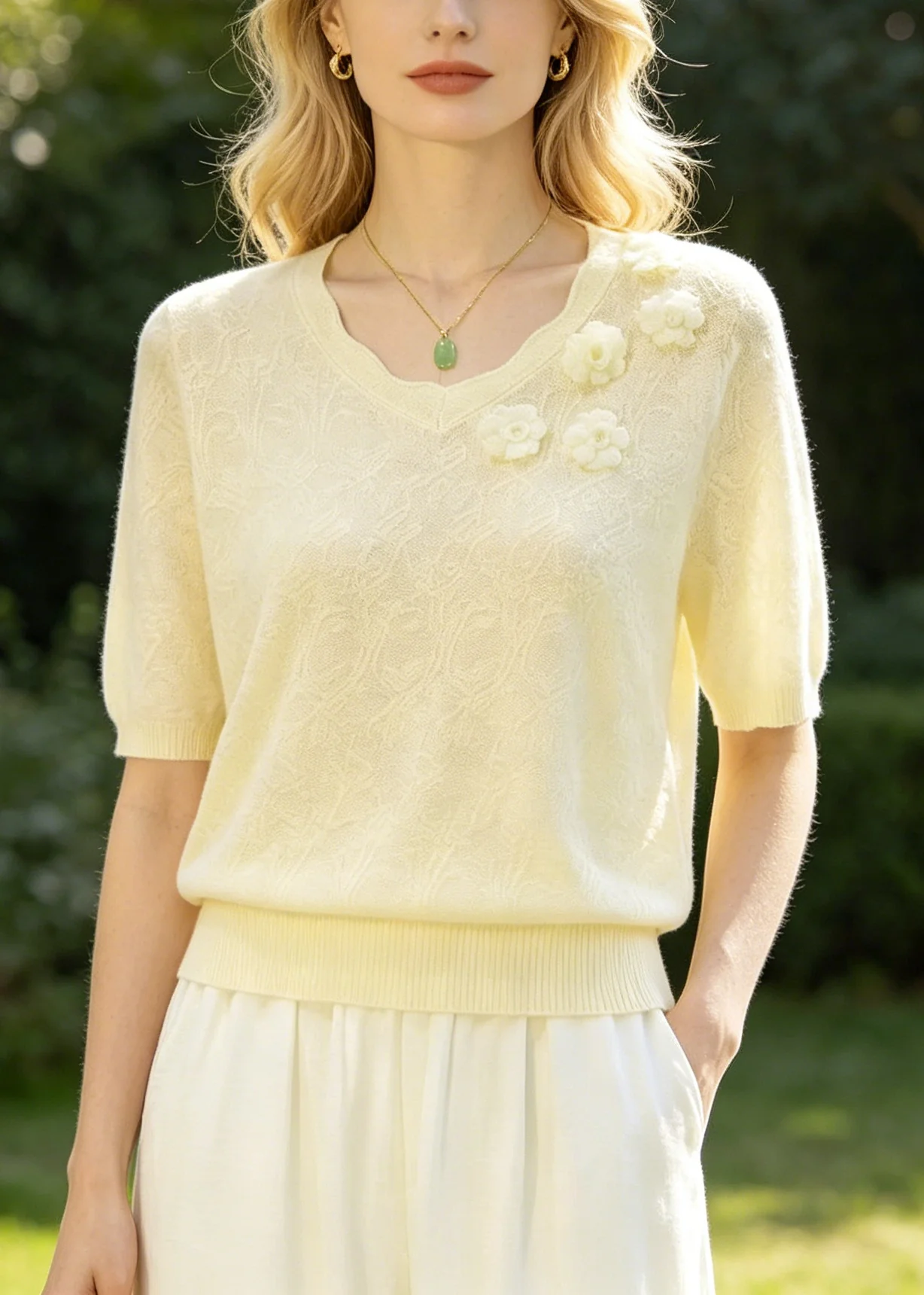 Boutique Beige Jacquard Handmade Floral Knit Shirt Top Summer - Image 5