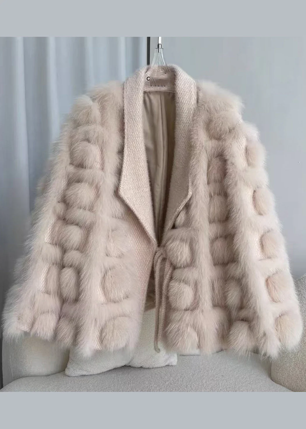 Boutique Beige Knit Patchwork Leather And Fur Jackets Winter - Image 2