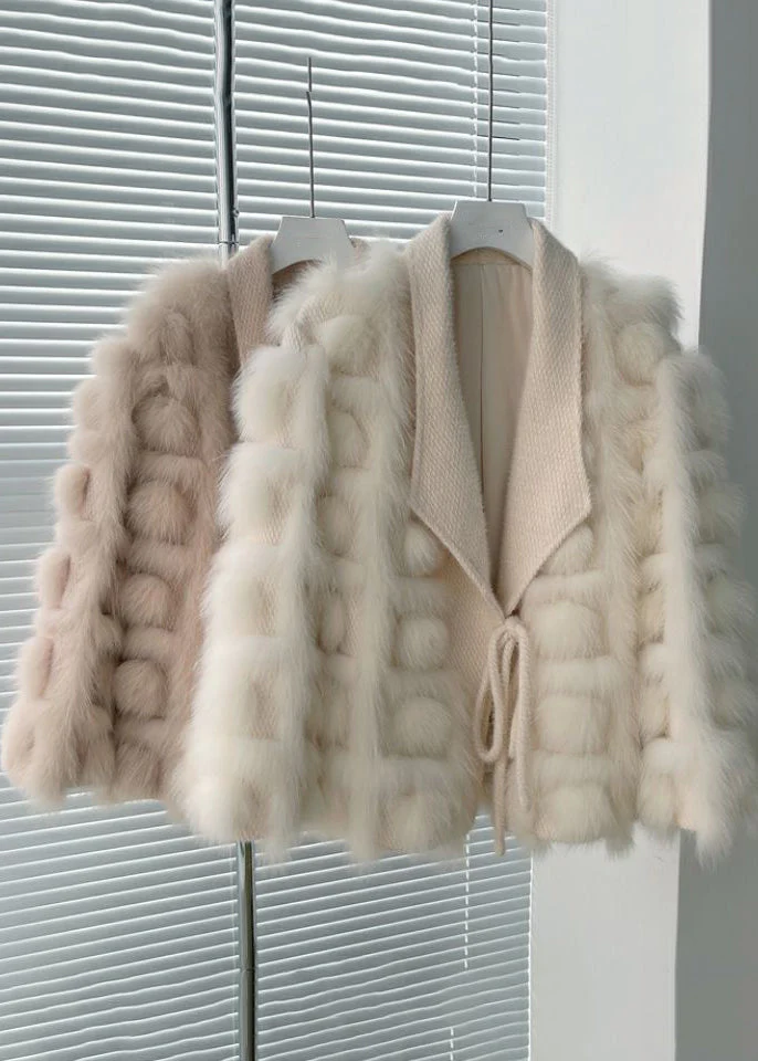 Boutique Beige Knit Patchwork Leather And Fur Jackets Winter - Image 5