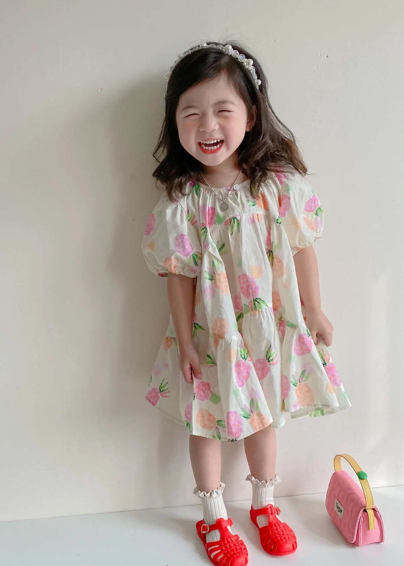 Boutique Beige Print Wrinkled Patchwork Cotton Kids Girls Dresses Summer - Image 2