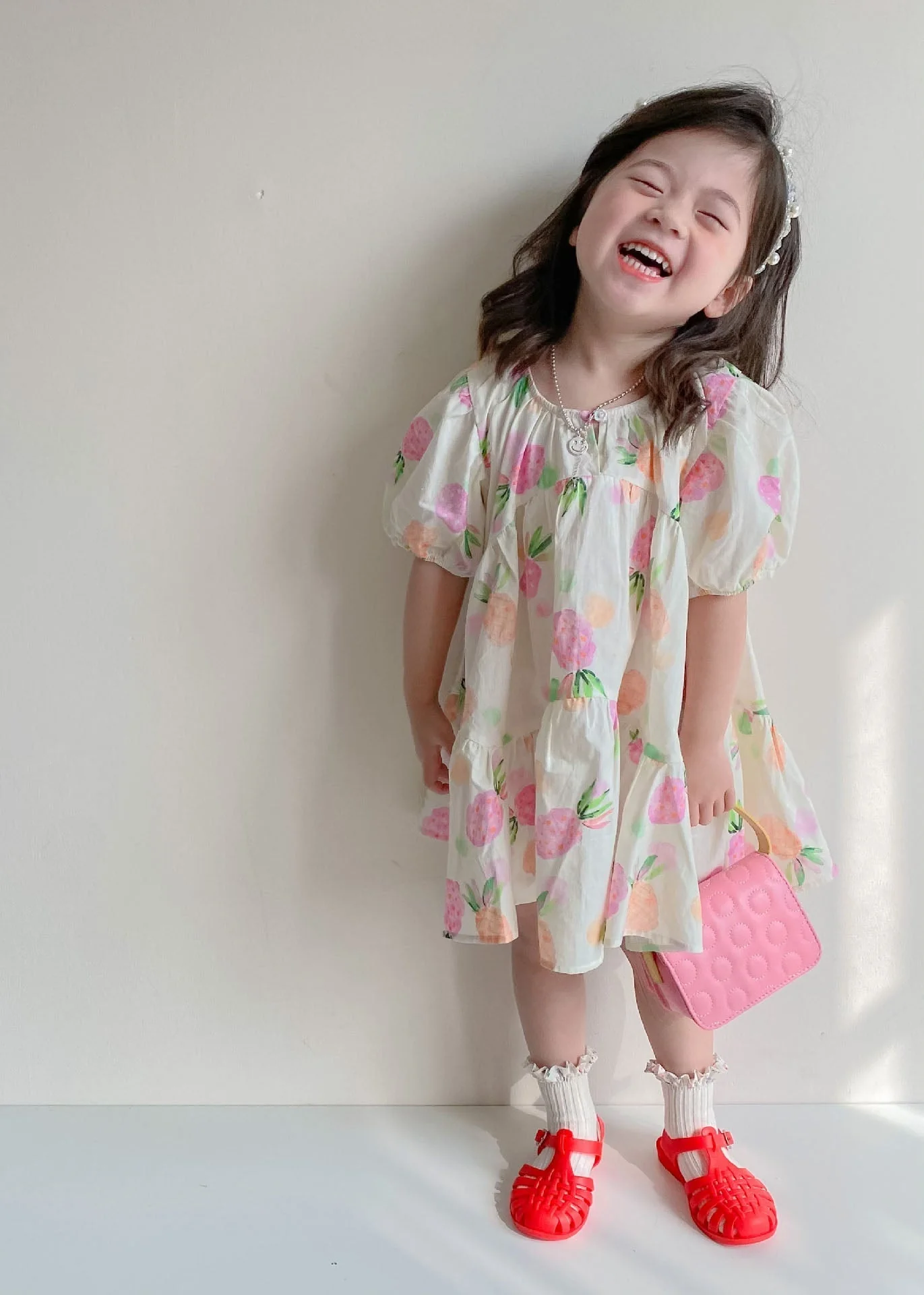 Boutique Beige Print Wrinkled Patchwork Cotton Kids Girls Dresses Summer - Image 3