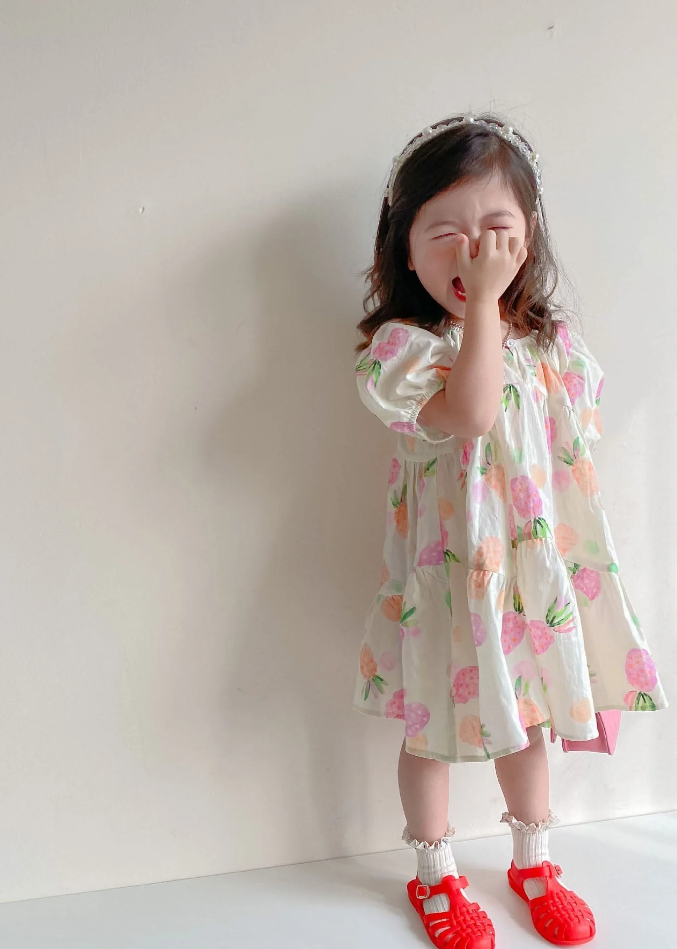 Boutique Beige Print Wrinkled Patchwork Cotton Kids Girls Dresses Summer - Image 4
