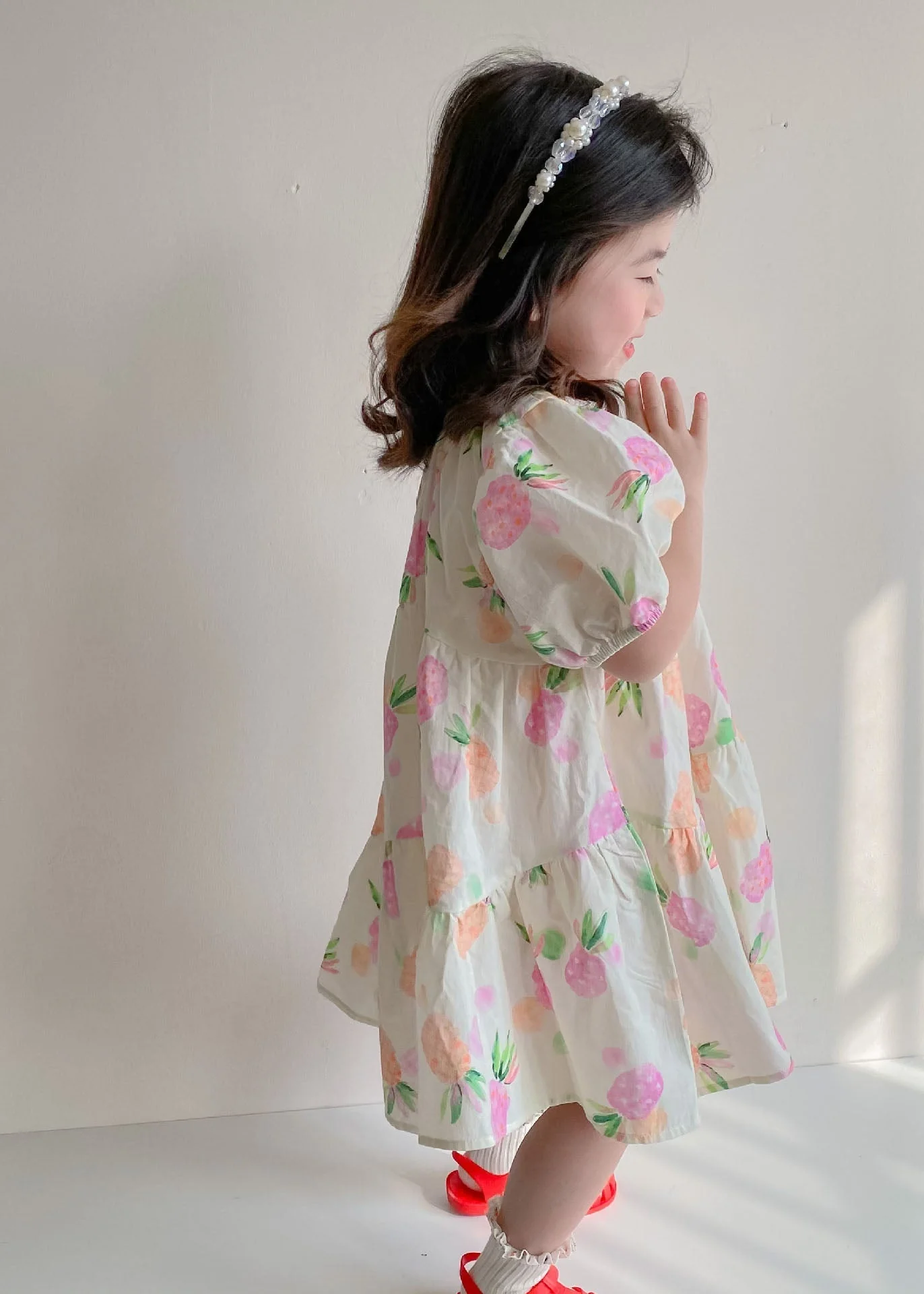 Boutique Beige Print Wrinkled Patchwork Cotton Kids Girls Dresses Summer - Image 5