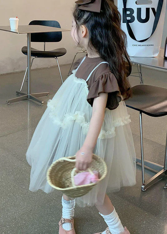 Boutique Beige Ruffled Patchwork Tulle Baby Girls Dresses Two Pieces Set Summer - Image 4