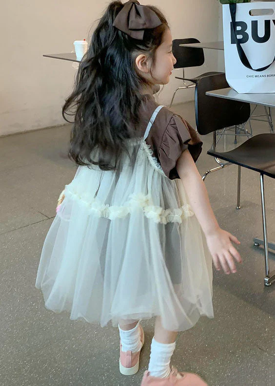Boutique Beige Ruffled Patchwork Tulle Baby Girls Dresses Two Pieces Set Summer - Image 5