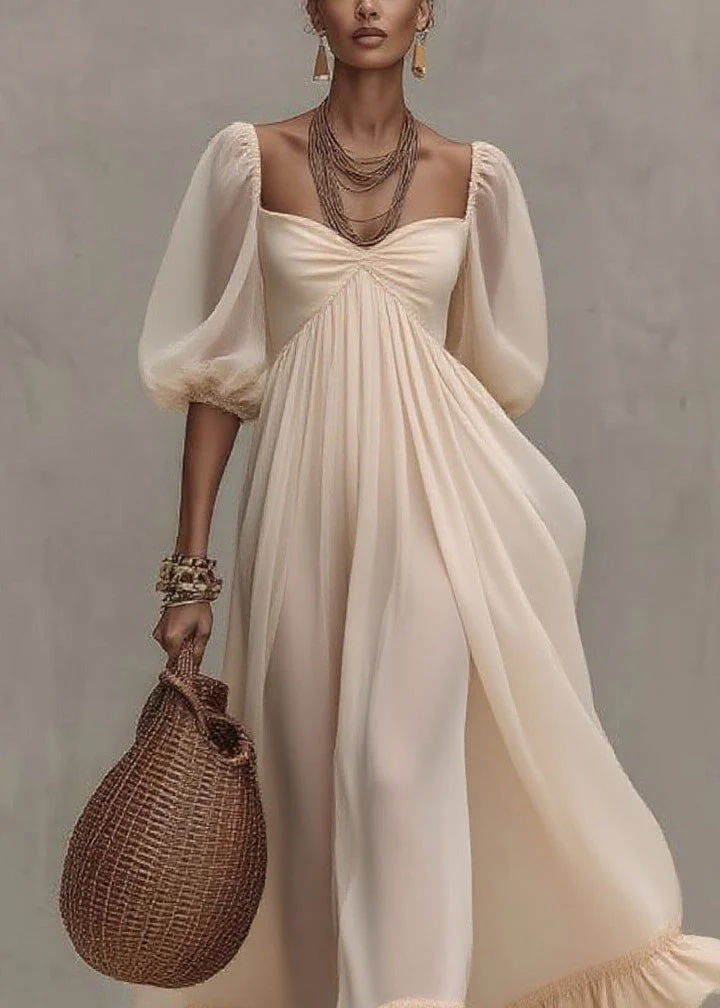 Boutique Beige Ruffled Puff Sleeve Patchwork Chiffon Dresses - Image 2
