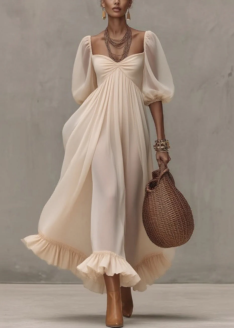 Boutique Beige Ruffled Puff Sleeve Patchwork Chiffon Dresses - Image 3