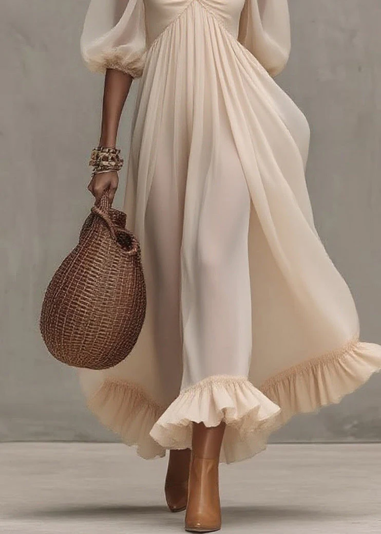 Boutique Beige Ruffled Puff Sleeve Patchwork Chiffon Dresses - Image 4